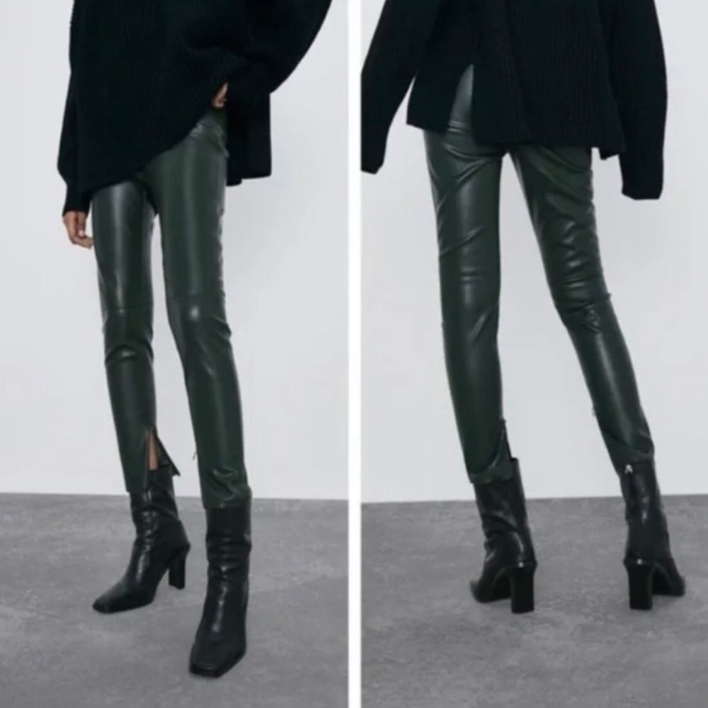 COPY - NWT Zara Faux Leather Dark green leggings with zip up bottom